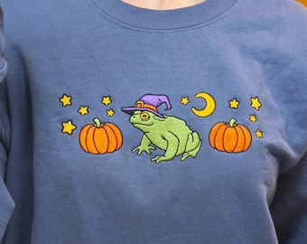 Frog Witch Embroidered Sweatshirt | Frog Embroidered Sweater | Frog Witch | Embroidered Halloween Crew | Fall Aesthetic Unisex Sweatshirt