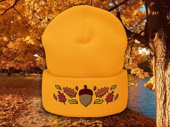 Acorn Autumn Leaves Embroidered Cuffed Beanie | Fall Aesthetic Beanies | Fall Hat | Autumn Aesthetic
