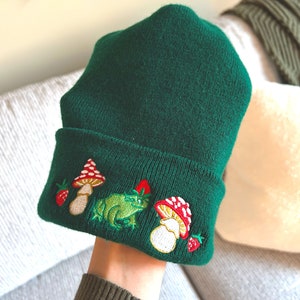 Embroidered Strawberry Frog Beanie | Embroidered Mushroom | Cottagecore Embroidered | Frog Cuffed Beanie