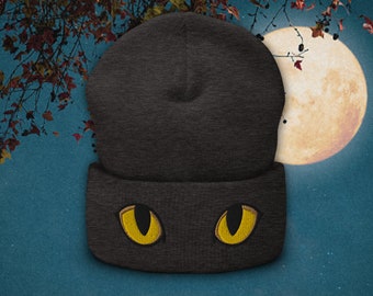 Gele Cat Eyes-beanie met omslag | Kat geborduurde hoed | Geborduurde muts | Cadeauhoed voor kattenmensen