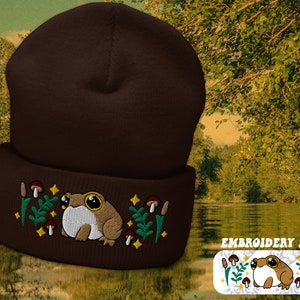 Cottagecore Cute Toad Beanie | Embroidered Gold Toad | Cottage Embroidery Frog Cuffed Beanie