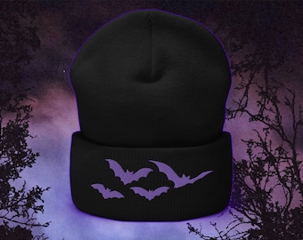 Halloween Bats Embroidered Cuffed Beanie | Purple Bats Hat | Halloween Beanie | Fall Hat