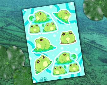 Round Green Frogs Sticker Sheet | Kawaii Frog Sticker Sheet | Cute Frog Sticker sheet