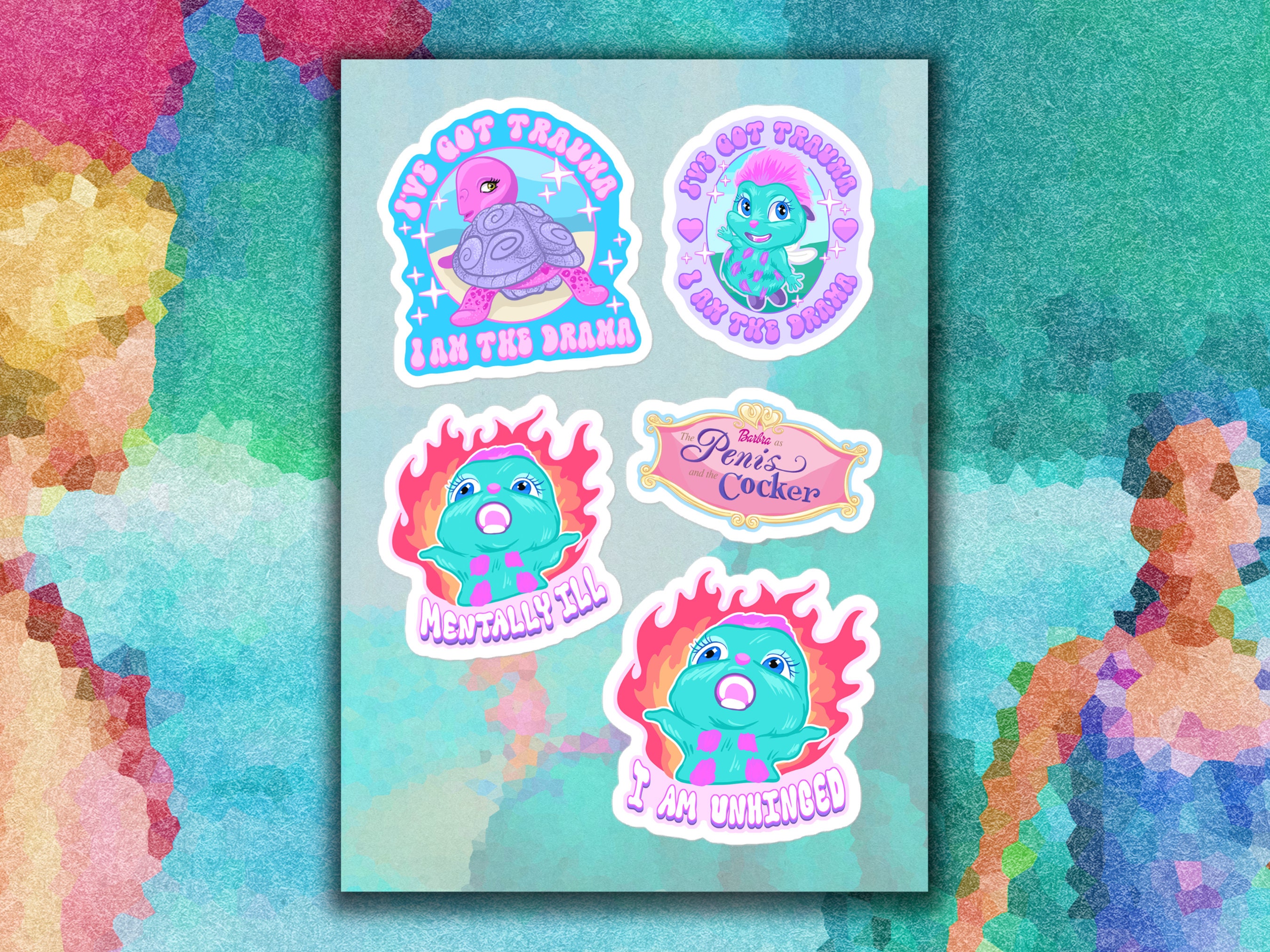 Cursed Bibble Meme Sticker Sheet Bibble Fire Chaotic Meme Ive Got Trauma, I  Am the Drama Turtle Meme Mermaidia Turtle Meme Sticker 