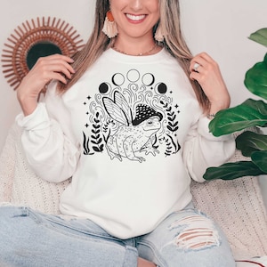 Mushroom Hat Frog Fairy Moon Phases Cottagecore Sweatshirt | Toad Fairy Crewneck | Cottagecore Frog Boho Mushroom Unisex Sweatshirt