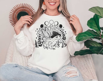Svamphatt Grodafé Månfaser Cottagecore Sweatshirt | Paddafé Rundkrage | Cottagecore Groda Boho Svamp Unisex Sweatshirt