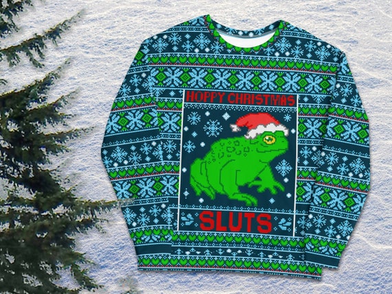 Hoppy Christmas Sluts Santa Frog Ugly Christmas Sweater | All Over