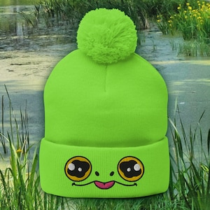 Frog Eyes Beanie | Frog Hat | Frog Embroidery Cuffed Beanie | Cottagecore Frog Hat | Cute Frog Cuffed Pom Pom Beanie | Toad Pom-Pom Beanie