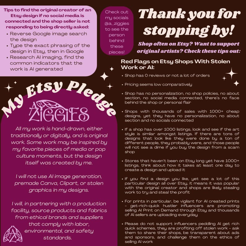 May include: A pink and purple graphic with the text "My Etsy Pledge" and "Ziggies" in a white font. The graphic includes a list of tips for identifying original Etsy artists and avoiding shops that sell stolen work or AI-generated designs. The text includes the phrase "Red Flags on Etsy Shops With Stolen Work or AI".