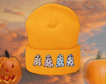 Ghost Embroidered Beanie | Halloween Retro Embroidered Cuffed Beanie | Vintage Floral Ghost Cuffed Beanie