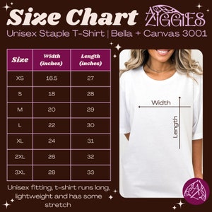 K&ouml;nnte beinhalten: Gr&ouml;&szlig;entabelle f&uuml;r ein Unisex-T-Shirt, die die Ma&szlig;e in Zoll f&uuml;r Breite und L&auml;nge angibt. Die Tabelle umfasst die Gr&ouml;&szlig;en XS bis 3XL. Der Text "Unisex Staple T-Shirt | Bella + Canvas 3001" befindet sich oben in der Tabelle.