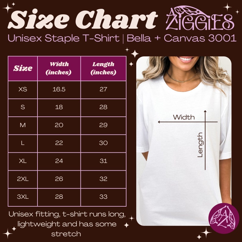 K&ouml;nnte beinhalten: Gr&ouml;&szlig;entabelle f&uuml;r ein Unisex-T-Shirt, die die Ma&szlig;e in Zoll f&uuml;r Breite und L&auml;nge angibt. Die Tabelle umfasst die Gr&ouml;&szlig;en XS bis 3XL. Der Text "Unisex Staple T-Shirt | Bella + Canvas 3001" befindet sich oben in der Tabelle.