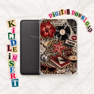 May include: A black e-reader with a clear protective case featuring a collage of a red hibiscus, a vinyl record, a martini, a disco ball, a cassette tape, cherries, a book, and red sunglasses on a leopard print background with text.