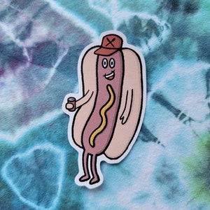 May include: A cartoon hot dog wearing a red baseball cap with a white 'X' on it. The hot dog is holding a can of soda and has a happy expression on its face.