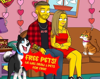 Simpsons, Simpsons portrait, Cartoon portrait, Valentines Day, Valentines Day Gift, Valentines Day Portrait, Valentines, Couple Portrait