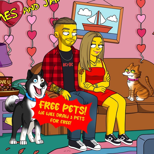 Simpsons, Portrait des Simpsons, Portrait de dessin animé, Saint-Valentin, Cadeau pour la Saint-Valentin, Portrait de la Saint-Valentin, Saint-Valentin, Portrait de couple