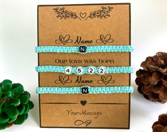 Pulseras personalizadas de fecha de pareja e iniciales con tarjeta de mensaje especial personalizada / socios amantes del regalo de aniversario / pulseras a juego