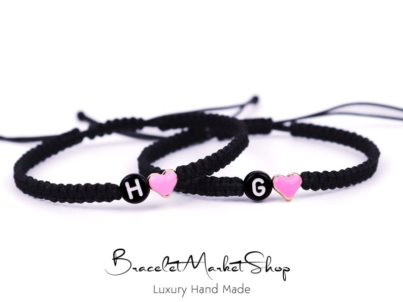 Set of 2 Personalized Initial Bracelets With Colorful Heart Custom Matching Bracelets for Relationships / Friendships Gift for Him / Her image 6