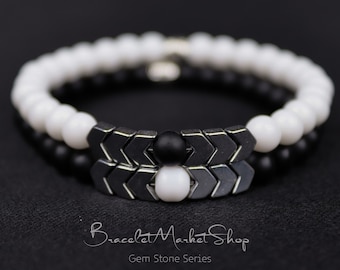 Bracelets assortis en pierres précieuses onyx blanc et noir | Bracelets de couple de pierres précieuses sertis | Bracelets partenaires relationnels | Cadeau pour lui / elle