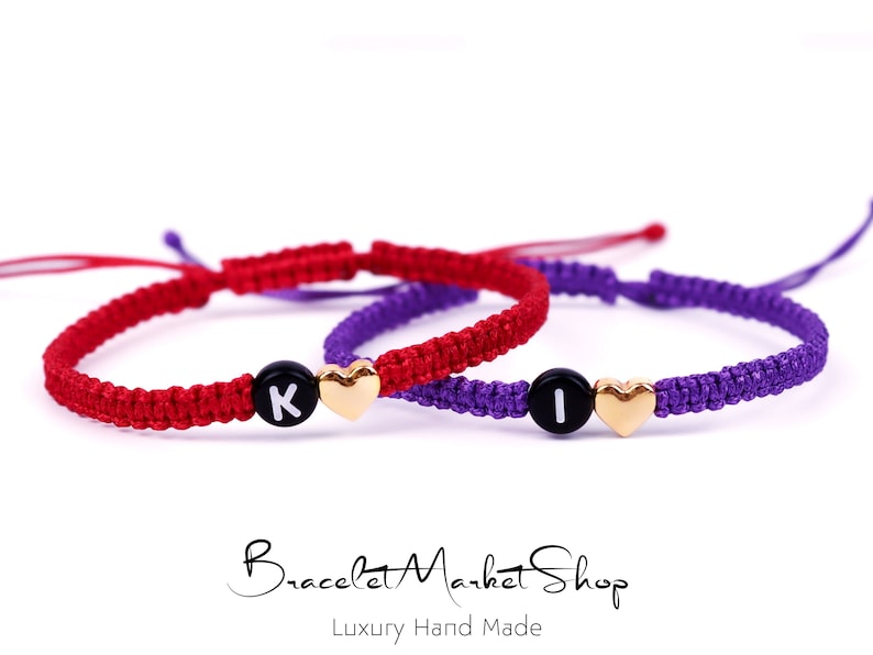 Lot de 2 bracelets à initiales personnalisées avec coeur coloré Bracelets assortis personnalisés pour les relations/amitiés Cadeau pour lui/elle image 5