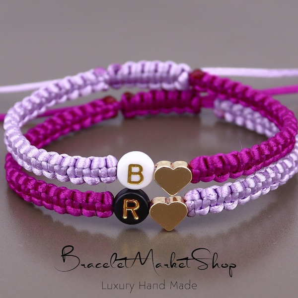 Set of 2 Personalized Initial Bracelets with Heart Bead | Matching Bracelets for Couples | Long Distance Bracelets | Best Friend Bracelets