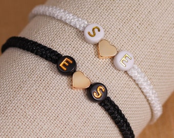 Set of 2 Custom Couple Initial Bracelets with Gold Heart | Personalized Matching Partners Gift for Couple her / his / Boyfriend Girlfriend