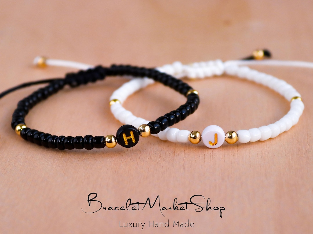 Custom Beaded Initial Bracelets Personalized Couples Bracelet Set