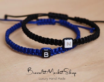 Set of 2 Custom Couple and Friendship Initial Partners Bracelets | Silver Cube Letters Beaded Matching Bracelets | Gift Boyfriend Girlfriend