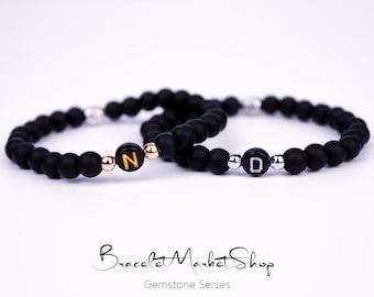 Set of 2 Personalized Black Onyx Gemstone Initial Bracelets for Couples | Custom Matching Bracelets | Gift for Him / Her / BF / GF / BFF