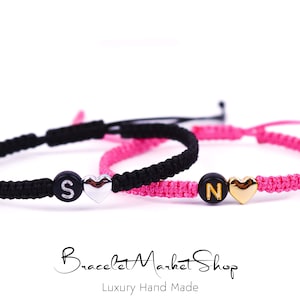 Set of 2 Personalized Matching Bracelets with Heart Bead for Relationships and Friendship | Custom Initial Couple Bracelets Set | Gift BF GF