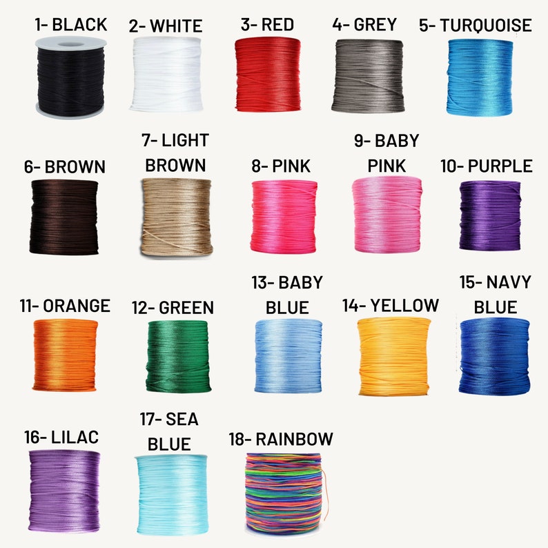 May include: A collection of 18 spools of waxed cotton cord in various colors, including black, white, red, grey, turquoise, brown, light brown, pink, baby pink, purple, orange, green, baby blue, yellow, navy blue, lilac, sea blue, and rainbow.