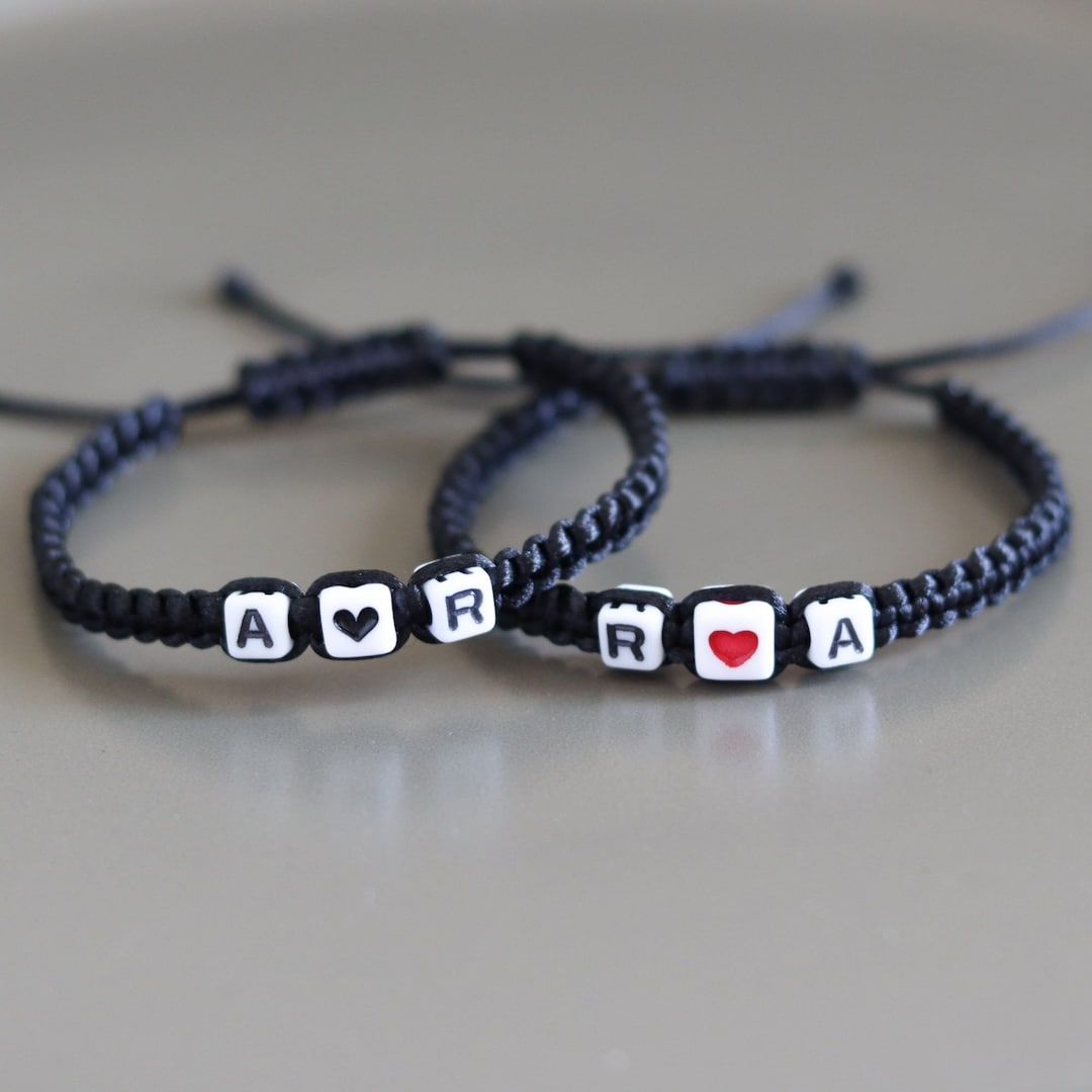 Set of Custom Couples Initial Bracelets With Black or Red Heart