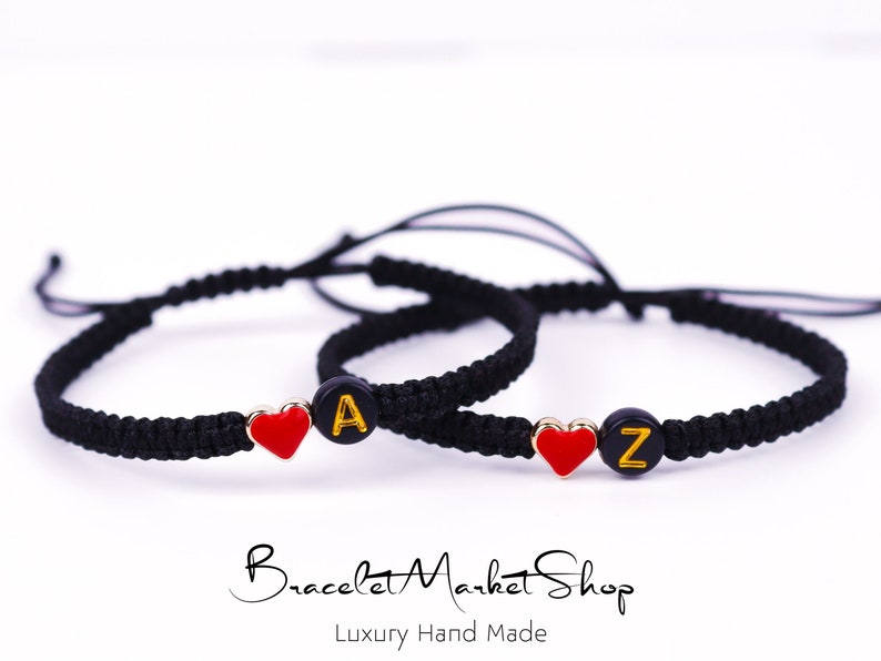 Set of 2 Personalized Initial Bracelets With Colorful Heart Custom Matching Bracelets for Relationships / Friendships Gift for Him / Her image 3