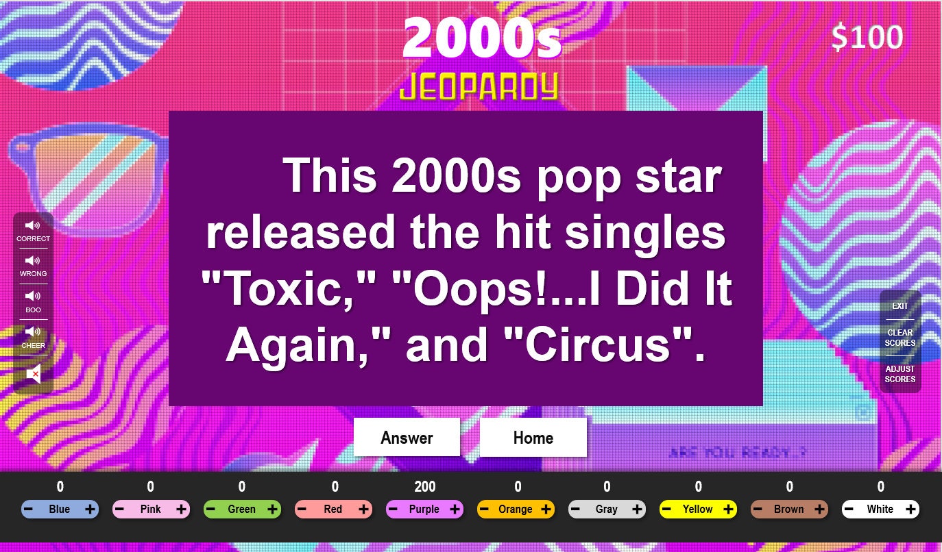 2000s Jeopardy Downloadable Powerpoint Trivia Game Scoreboard for Parties up to 10 Players 2000s