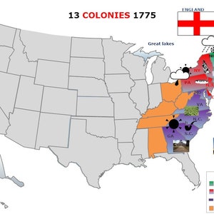 13 Original  Colonies Study Guide and Map of the 13 Colonies  (English)