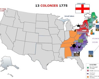 Guide d'étude des 13 colonies originales et carte des 13 colonies (anglais)