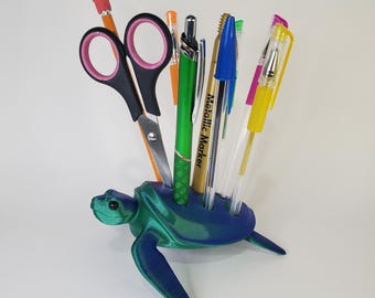 3D Printed Sea Turtle Pen Holder, Recycled Plastic Desk Organizer