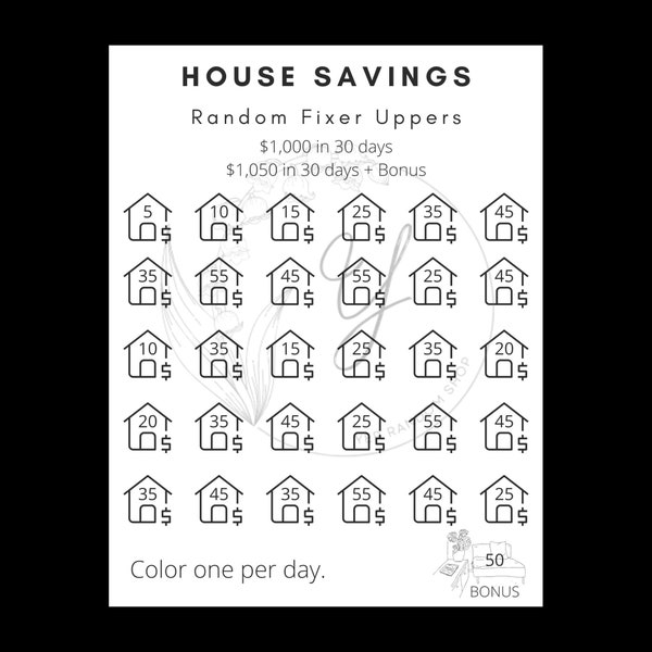 Money Saving Challenge - House Random Fixer Upper - 1,000 in 30 days (8.5 in x 11 in)