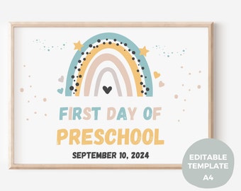 Editable A4 First and Last Day of School Sign, Personalized 1st Day of School Printable Template, Pastel Rainbow School Chalkboard.