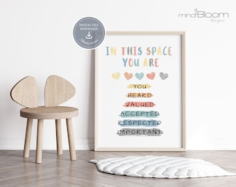 In this space you are, Welcome sign, Therapy office decor, This is a safe space, Mental health poster, school counselor Office decor