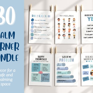 30 Calm Corner, Calm Down Printable, Classroom decor wall art, Mindfulness for kids, Playroom decor, Zones of regulation, Classroom poster