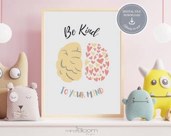 Be kind to your mind poster, Growth mindset, Brain poster, Calm down corner prints, Therapy office decor, School counselor office decor