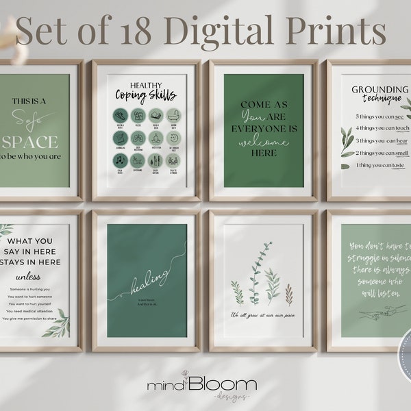 18 Therapeut Office Art Decor, Psycholoog printbundel, Counseling posters, Therapie kunst aan de muur, Geestelijke gezondheid, Psychologie citaat, Cadeauset