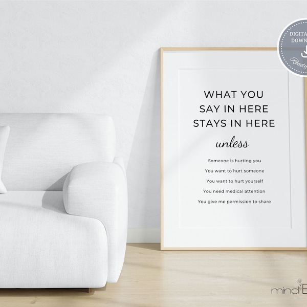 What you say in here, Confidentiality poster, Therapy office decor, Counselor office, Therapy session, Psychologist office decor, CBT