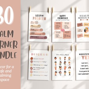 30 Calming Corner, Calm corner sign, Classroom boho wall art, Mindfulness for kids, Educational poster, Emotional self regulation poster