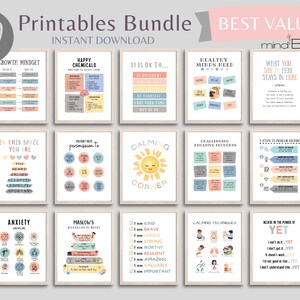 May include: A collection of 30 printable wall art pieces with inspirational quotes and self-help themes. The prints feature colorful designs and text, including phrases like "Growth Mindset" and "Calming Corner." The bundle is labeled "Best Value."