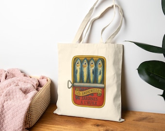 Vintage Sardine Print Cotton Canvas Tote Bag: Eco-Friendly Market Bag shopping sardines gift, reusable birthday gift bag