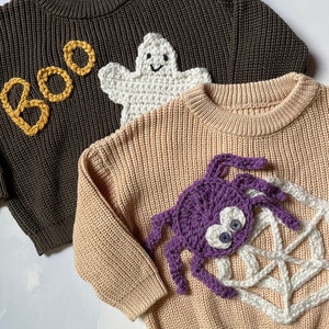 Baby hand embroidered halloween sweater, Halloween baby sweater, spider sweater, ghost sweater, baby sweater size 6-9, Halloween custome