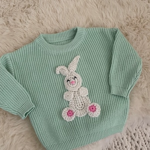 Oversized baby sweater with bunny, mint green sweater, bunny sweater, personalized sweater, gift for baby heirloom sweater, baby shower gift