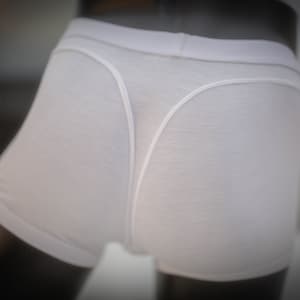 May include: White boxer briefs with a contoured design. The briefs are made of a soft, lightweight fabric. The image shows the back of the underwear on a mannequin. The logo "FRDM ESCAPE THE NORM" is visible in the lower left corner.